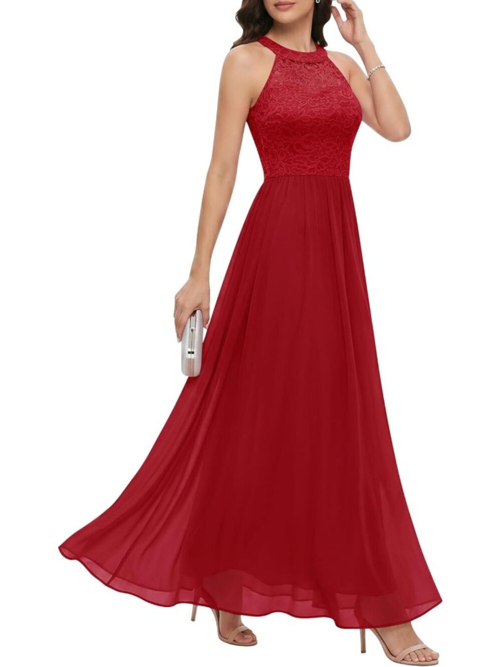 Red Floral Lace Halter Long Formal Prom Bridesmaid Dress Sz XS-XL